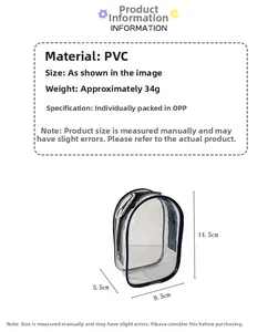 Vista dettagliata della borsa trasparente in PVC per bambole, 14,5x9,5x5,5 cm, con gancio in metallo