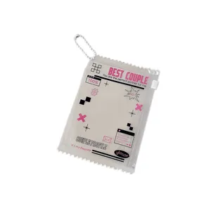 Transparent PVC photo card holder with pink BEST COUPLE print and silver bead chain
