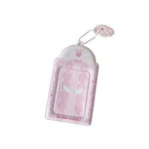 Pink angel wings PVC photo card holder with white bead chain and lace patterns