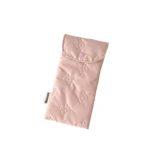 Quilted pink bow pattern pencil case with heart clasp and Hisocute brand label