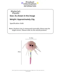 Détail d'un stylo peluche créatif avec pompon rose, lunettes de soleil et dimensions 19x8,5cm