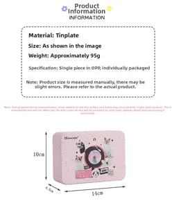 Pink tin storage box specifications and dimensions showing cute cat and vinyl record prints