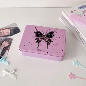 Detail of light purple tin box with butterfly print and Hisocute text on desk