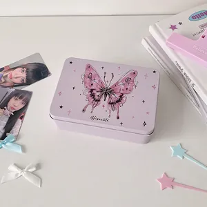 Close-up of a lavender tin storage box with pink butterfly and Hisocute text design