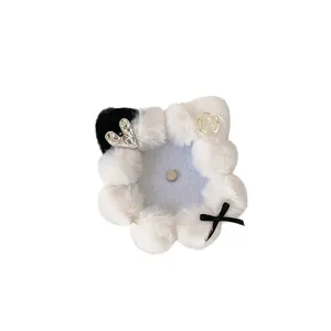Cute cat-ear badge holder with white plush, blue base, and silver heart pendant