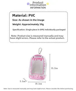 Pink PVC clear doll bag specifications showing 15.2cm height and 10.2cm width dimensions
