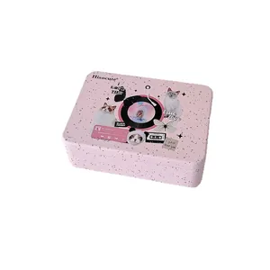 Retro aesthetic pink tin box storage with cat and record player prints by Hisocute