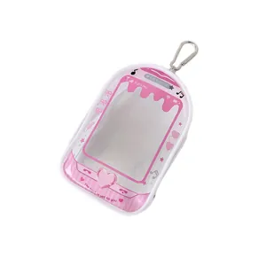 Pink phone-shaped clear PVC storage pouch with metal clip for 10cm plush dolls