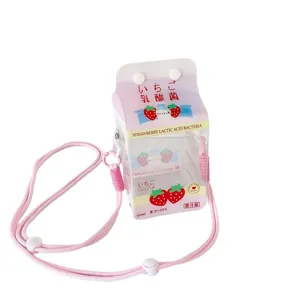 Kawaii strawberry milk carton clear bag for plush dolls with pink adjustable strap