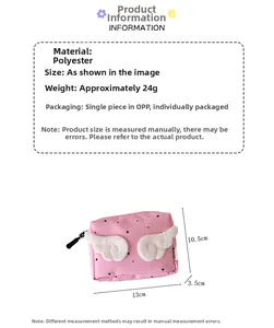 Pink mini zipper pouch with white wings and star patterns, 13cm polyester storage bag