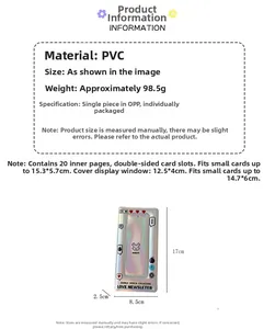 Detailed size chart for silver laser PVC photocard album with 20 double-sided inner pages