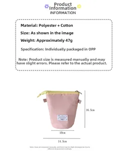 Detail of pink canvas pen pouch showing trapezoid dimensions and cartoon patch