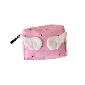 Pink star pattern storage bag with plush wings for mini headphones and lipstick