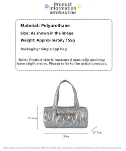 Size chart showing silver quilted PU bow crossbody bag dimensions 35x17.5x17.5cm