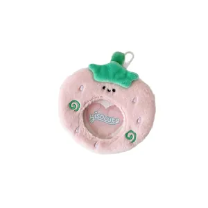 Pink strawberry plush badge display bag with 58mm window and green leaf detail