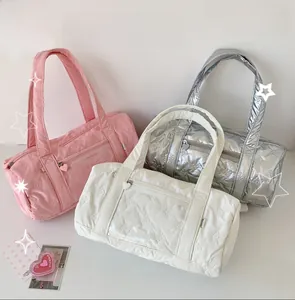 Quilted Ita bags with bow patterns and clear display windows in pink white and silver