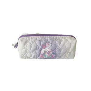 Quilted white stationery bag with purple zipper and cute cartoon bunny character