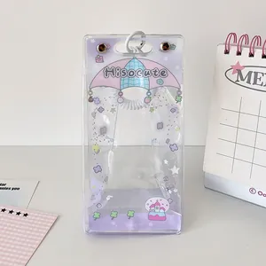 Detail of transparent PVC doll storage bag with purple star and castle patterns