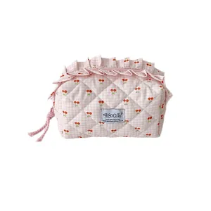 Pink checkered cherry quilt pencil case with large capacity and ruffle decorative edges