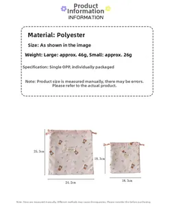 Polyester drawstring storage bag detail with floral bear pattern and size dimensions