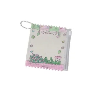 Cute transparent PVC candy bag badge holder with pink floral pattern and ball chain