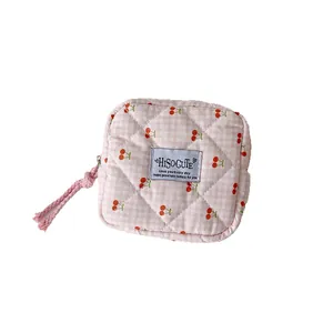 Pink checkered cherry print cotton quilted pouch for lipstick and small accessories