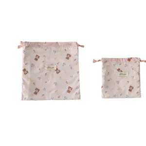 Cute bear print drawstring storage bags in pink cotton for travel and toiletries