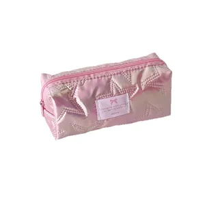 Pink metallic star quilted pencil case with zipper and ins style minimalist aesthetic