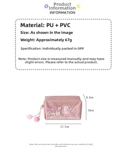 Pink PU and PVC storage bag showing detailed dimensions of 17.7cm by 10cm by 8.5cm