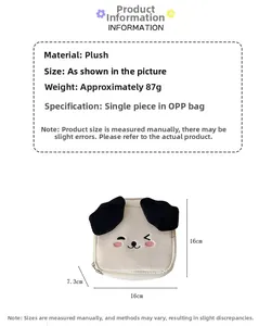 Detailed view of plush dog cosmetic bag with size 16x16x7.3cm and embroidery detail