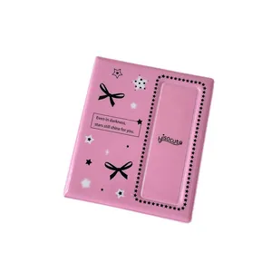 Pink PVC 4-grid photo album with bow and stars for collecting kpop photocards