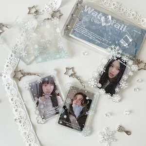 Transparent Snowflake Acrylic Card Holder With Star Keychain Glitter Photocard Protector Case For Kpop Idol Cards Girls