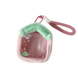 Plush house-shaped storage bag with clear PVC window and pink metal keychain clip