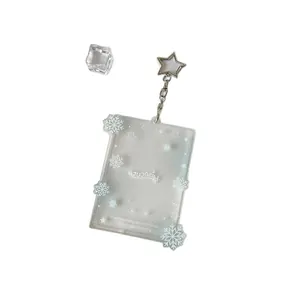 Translucent snowflake glitter acrylic photo card holder with star keychain and metal chain