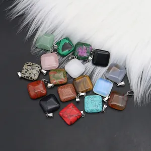 Set of natural stone square pendants with silver bails in various colorful gemstones