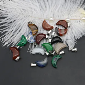 Moon-shaped natural stone pendants with tiger eye and malachite for DIY jewelry making