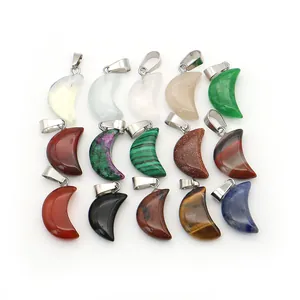 Set of 15 moon-shaped natural stone pendants with metal bails for DIY jewelry making