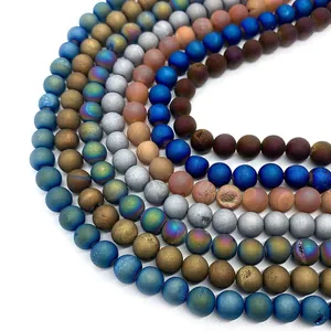 Frosted druzy agate beads in mixed metallic colors for DIY jewelry making 8-10mm