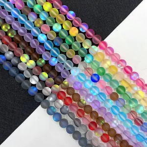 Frosted Aurora Mermaid Glass Beads Round Synthetic Moonstone Loose Beads 6mm 8mm 10mm For DIY Jewelry Making Necklace Bracelet