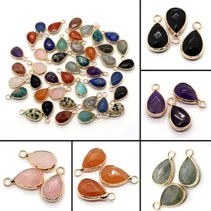 Natural Stone Faceted Teardrop Pendant Alloy Gold Edged Charms For DIY Necklace Bracelet Earring Jewelry Making Accessories
