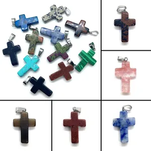 Natural Stone Cross Pendant With Metal Bail Malachite Turquoise Lapis Lazuli Healing Crystal Charm For DIY Jewelry Making