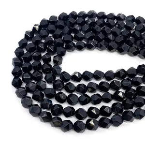 Faceted natural black agate round loose beads strings for DIY jewelry making