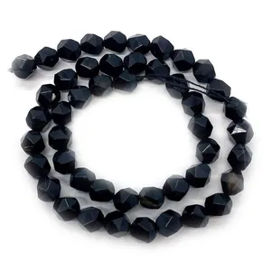 Faceted natural black agate round beads with polished geometric surface for DIY jewelry