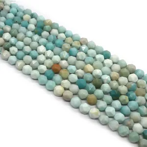Faceted natural Amazonite round beads in mint blue-green for DIY jewelry making