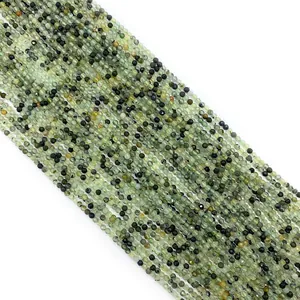 Faceted natural prehnite round beads in pale green with black inclusions for DIY jewelry