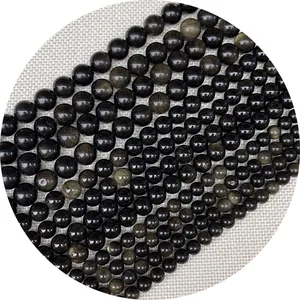Perles rondes en obsidienne dorée naturelle avec effet œil de chat pour création de bijoux