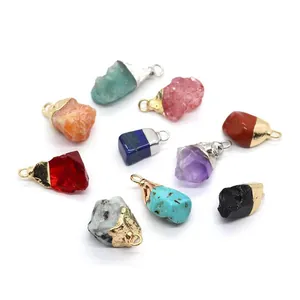Set of 10 irregular natural stone pendants including turquoise and amethyst with metal clasps