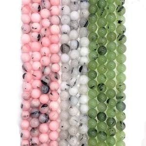 Naturstein Runde Lose Perlen Glatt Poliert Prehnit Rosa Opal Schwarzer Rutilquarz Für DIY Schmuckherstellung Halsketten Armbänder Basteln