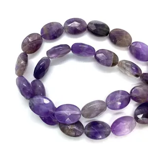Faceted oval amethyst beads 6x10x14mm with natural purple tones and mineral textures