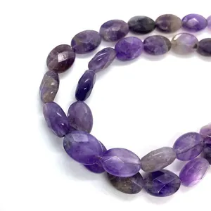 Faceted oval amethyst beads string of natural purple gemstones for DIY jewelry crafting